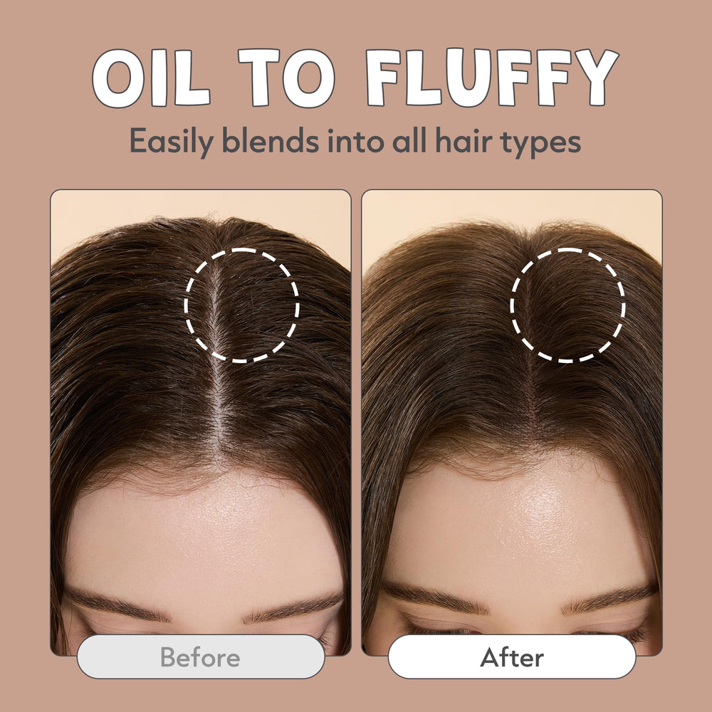 I DEW CARE applying powder to roots for instant volume and freshness