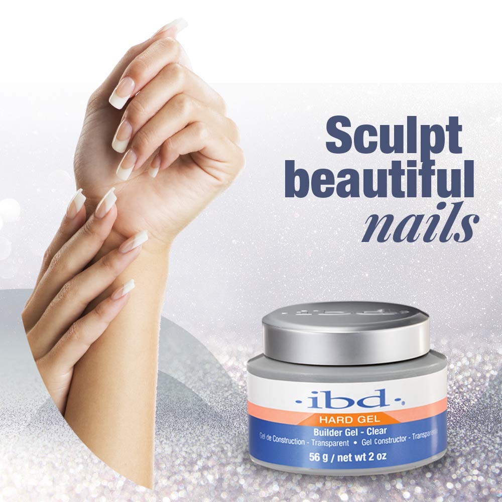 IBD hard builder gel finished clear extensions on hands showing durable glossy results