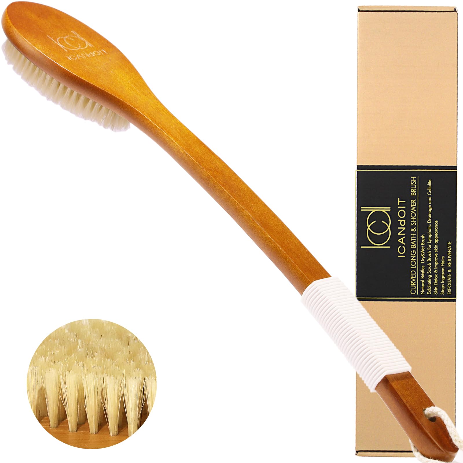 ICANdOIT front view showing bamboo handle and bristles, easy exfoliation