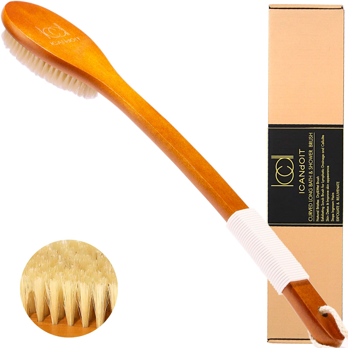 ICANdOIT front view showing bamboo handle and bristles, easy exfoliation