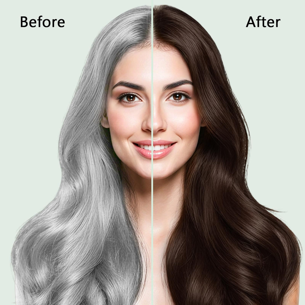 ICEMOUNTAIN before and after photo illustrating visible gray coverage and natural brown tone