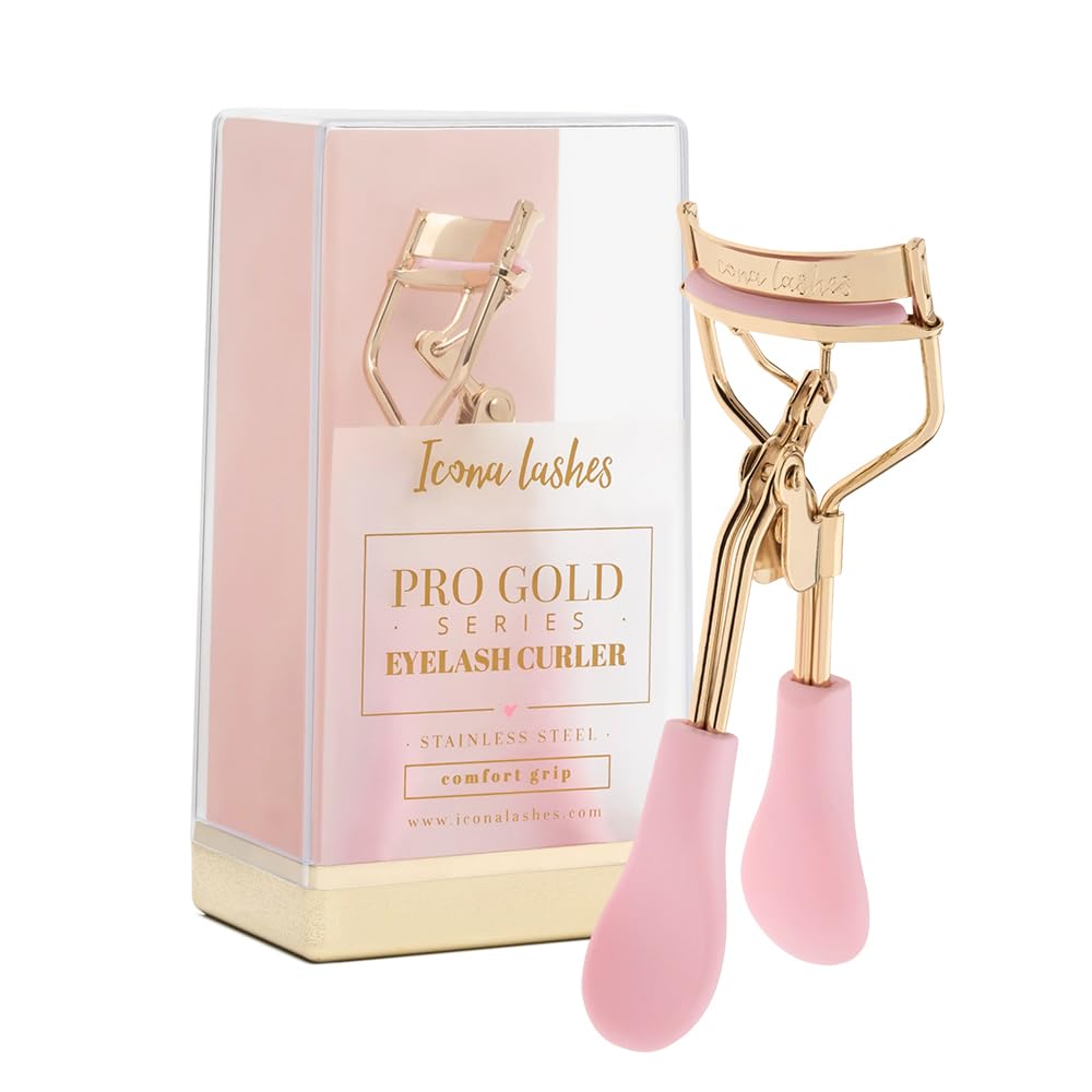 Icona Lashes curler front view showing gold-plated finish and precise head for stunning curls
