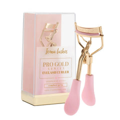 Icona Lashes curler front view showing gold-plated finish and precise head for stunning curls