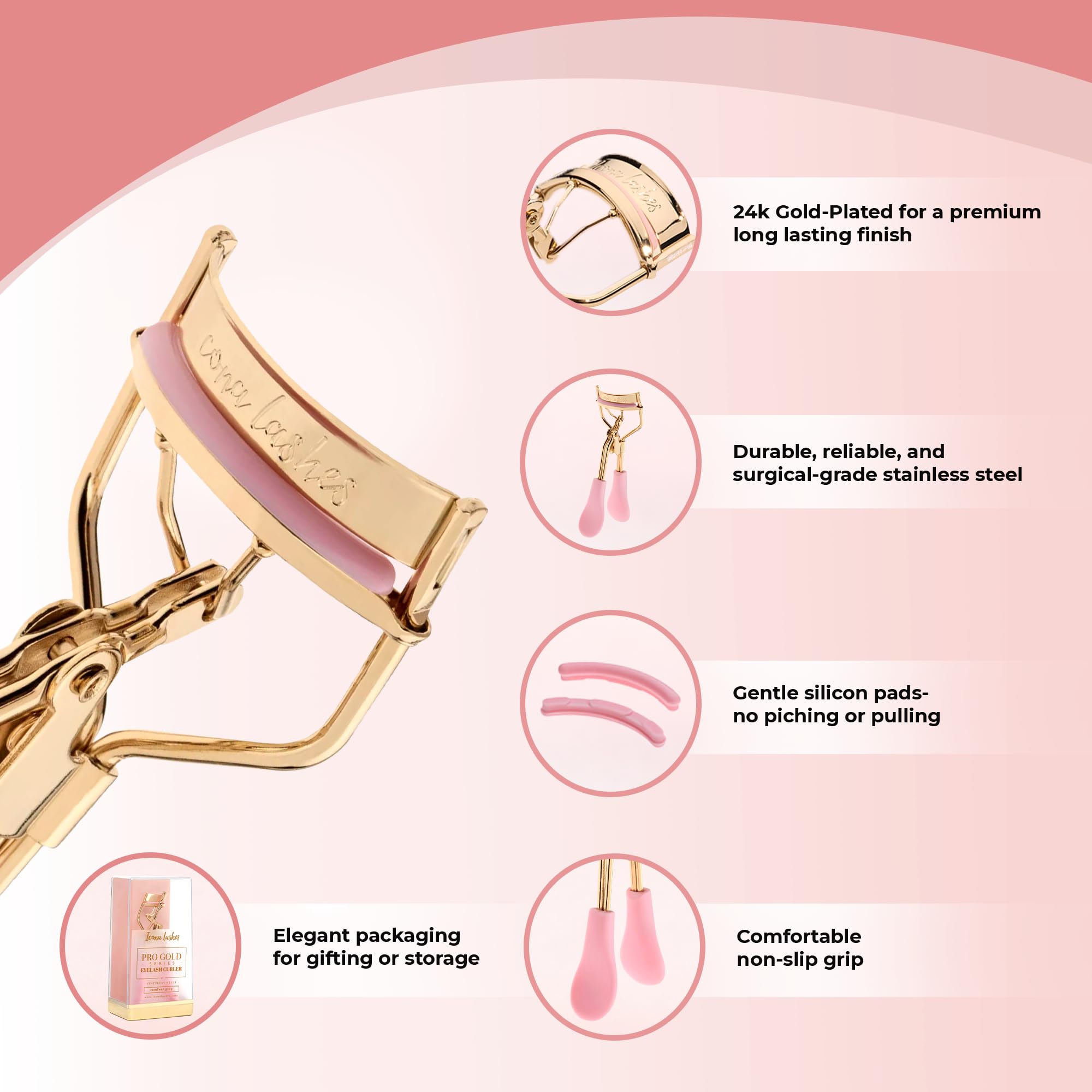 Icona Lashes curler in use on eye demonstrating gentle lift and improved lash definition