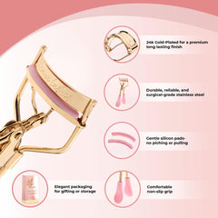 Icona Lashes curler in use on eye demonstrating gentle lift and improved lash definition