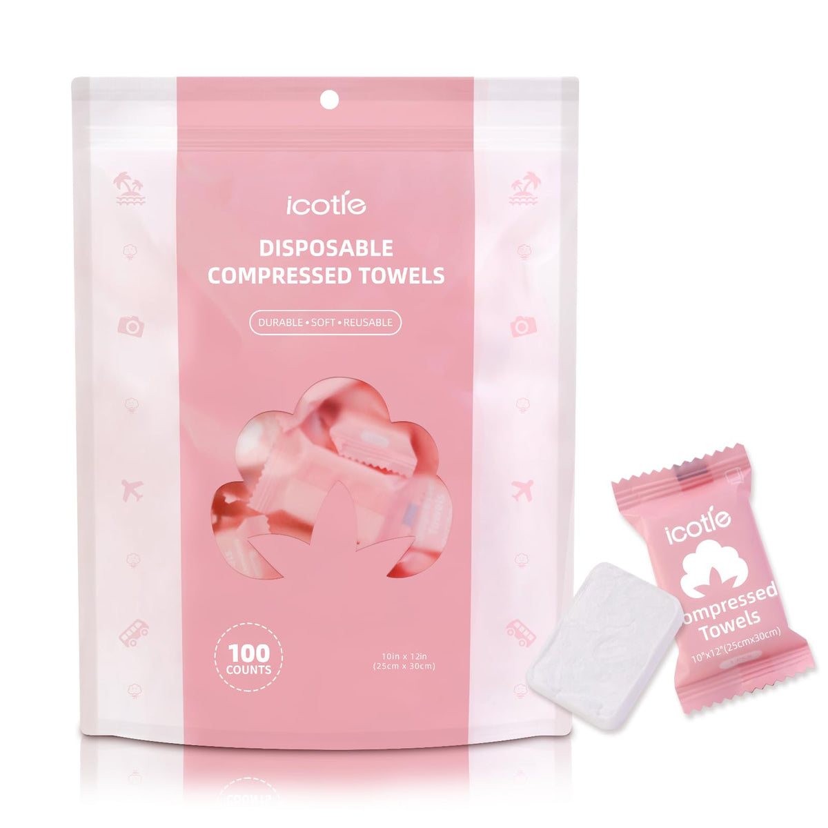 ICOTLE front packaging showing 100-piece pack and compact storage benefit