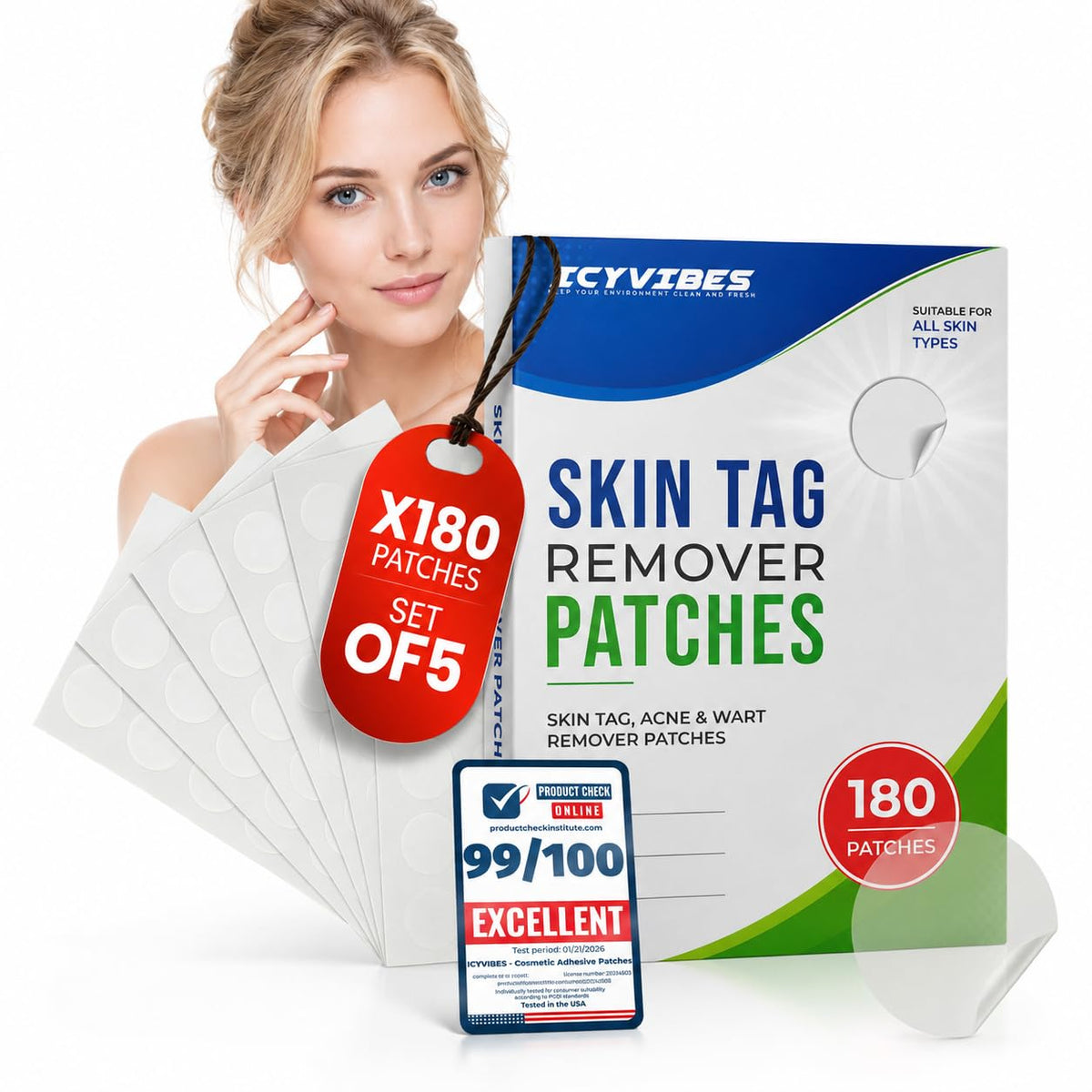 ICYVIBES front packaging showing 180-piece waterproof patches and benefits