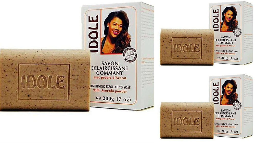 Idole front packaging of brightening exfoliating soap showing three bars and benefits