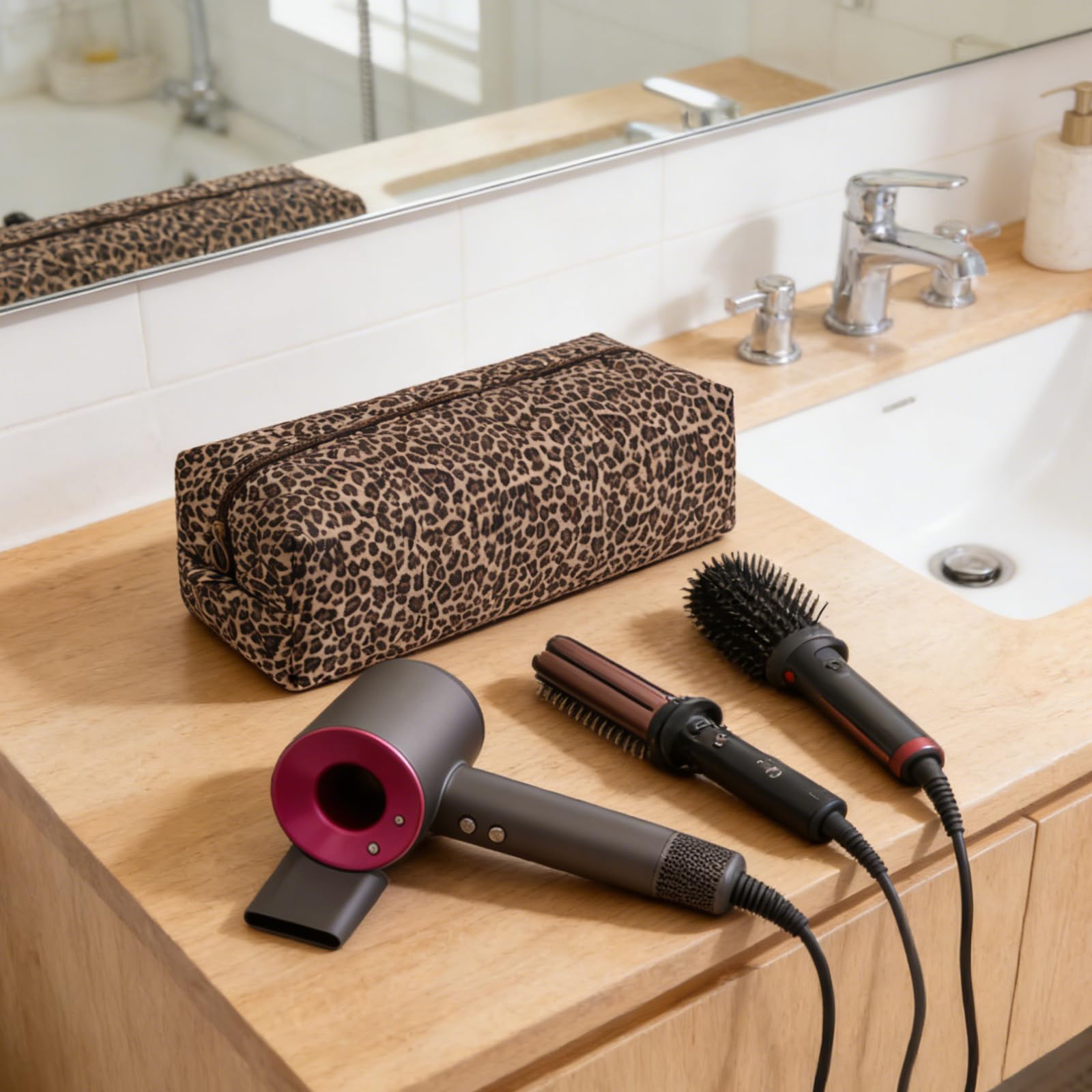 idoltimes on bathroom vanity showing stylish leopard-accented storage benefit