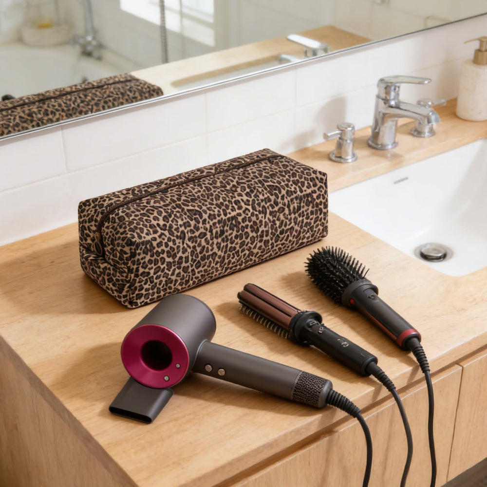 idoltimes on bathroom vanity showing stylish leopard-accented storage benefit