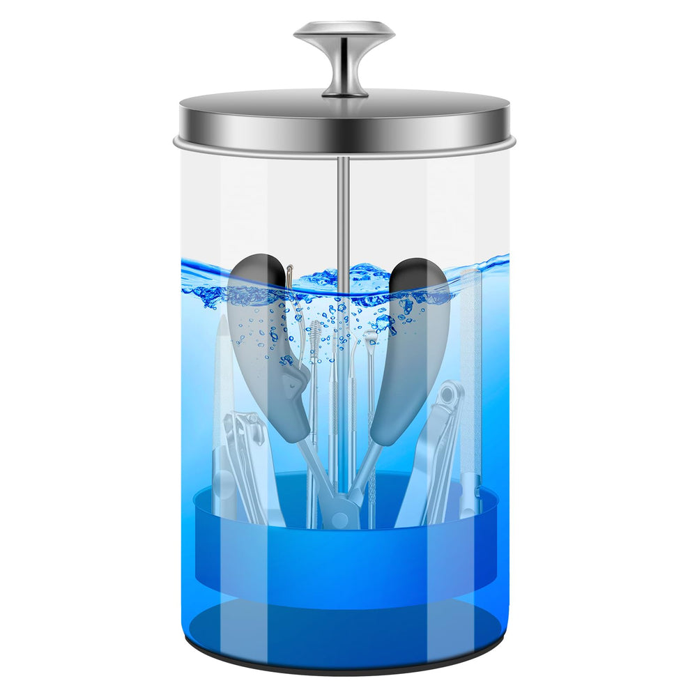 IEBARBER front view sterilizer jar showing clear glass and organized tools benefit visibility