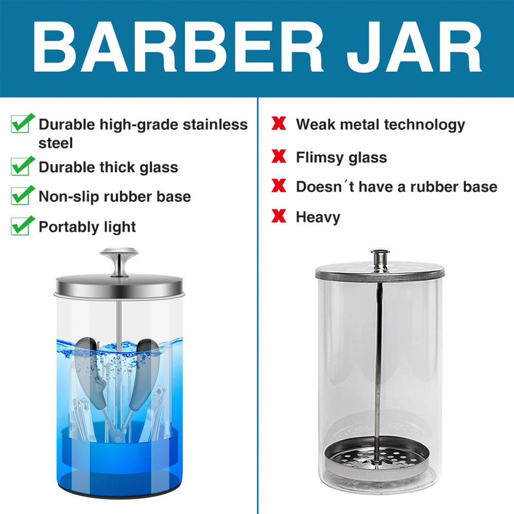 IEBARBER tools soaking inside jar illustrating visible disinfection and organized workflow benefit