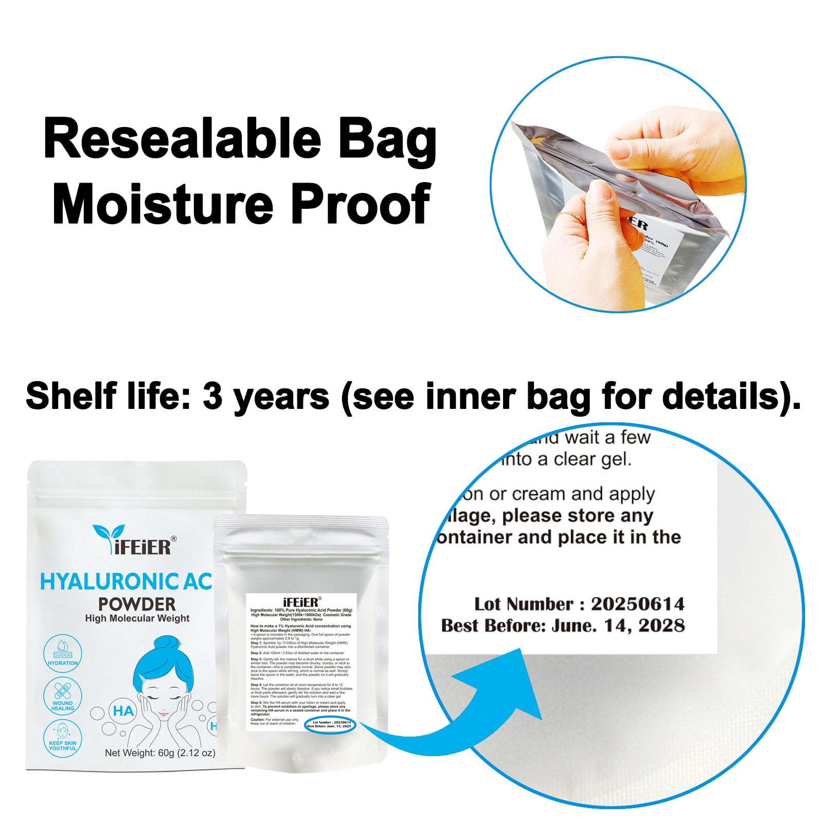 iFEiER label detail shows ingredient and lab-tested purity benefit