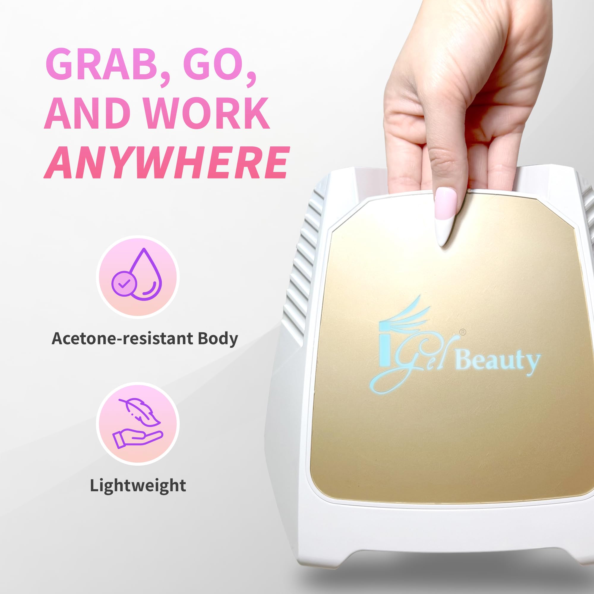 iGel Beauty side view highlighting battery port and cordless use