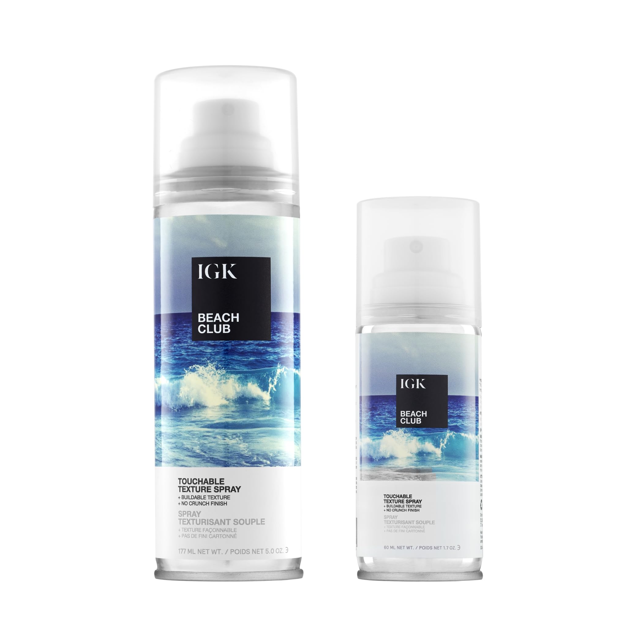IGK front packaging showing full-size 5 oz and travel 1.7 oz bottles, easy-volume benefit