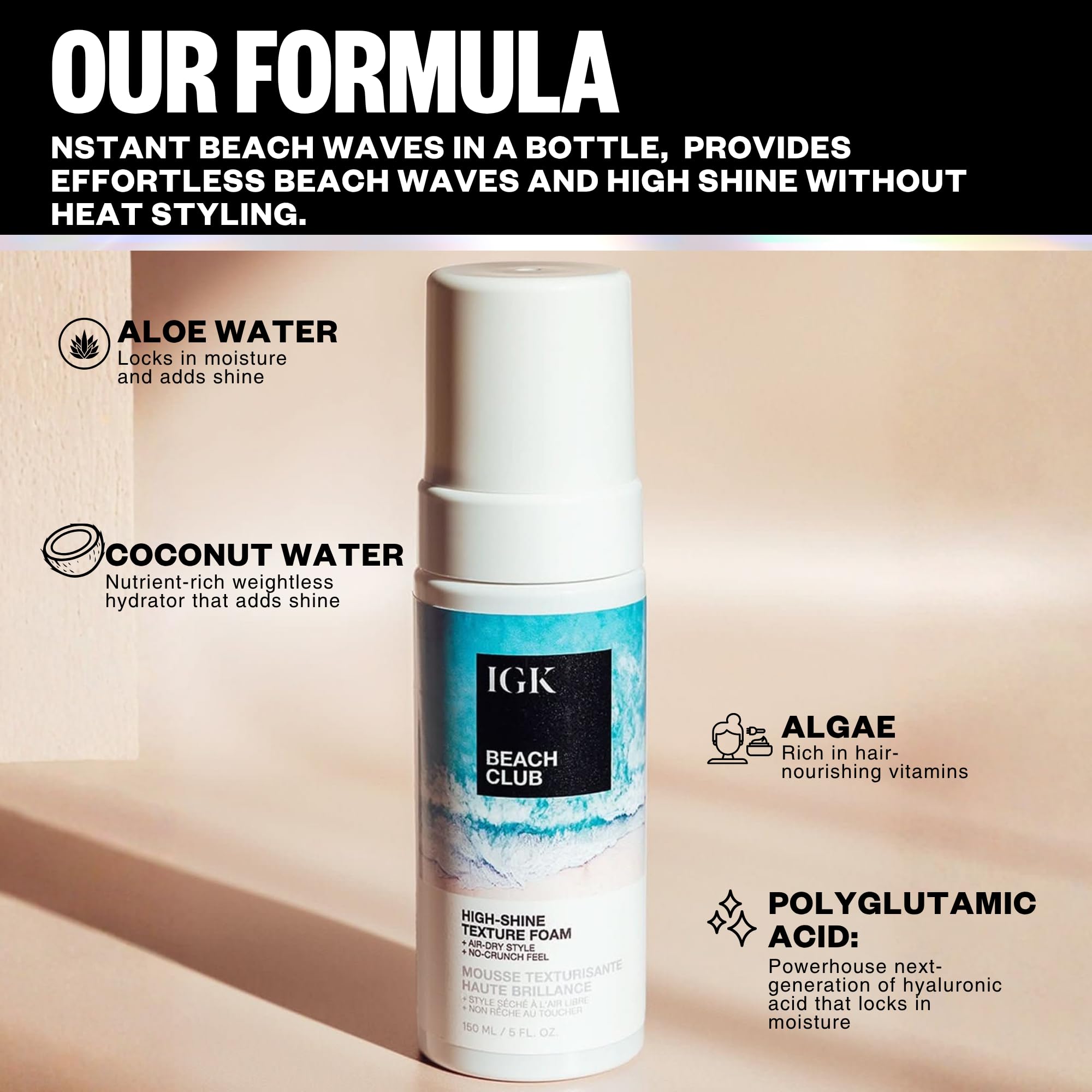 IGK Beach Club label close-up showing Beach Water Blend and hydration benefit