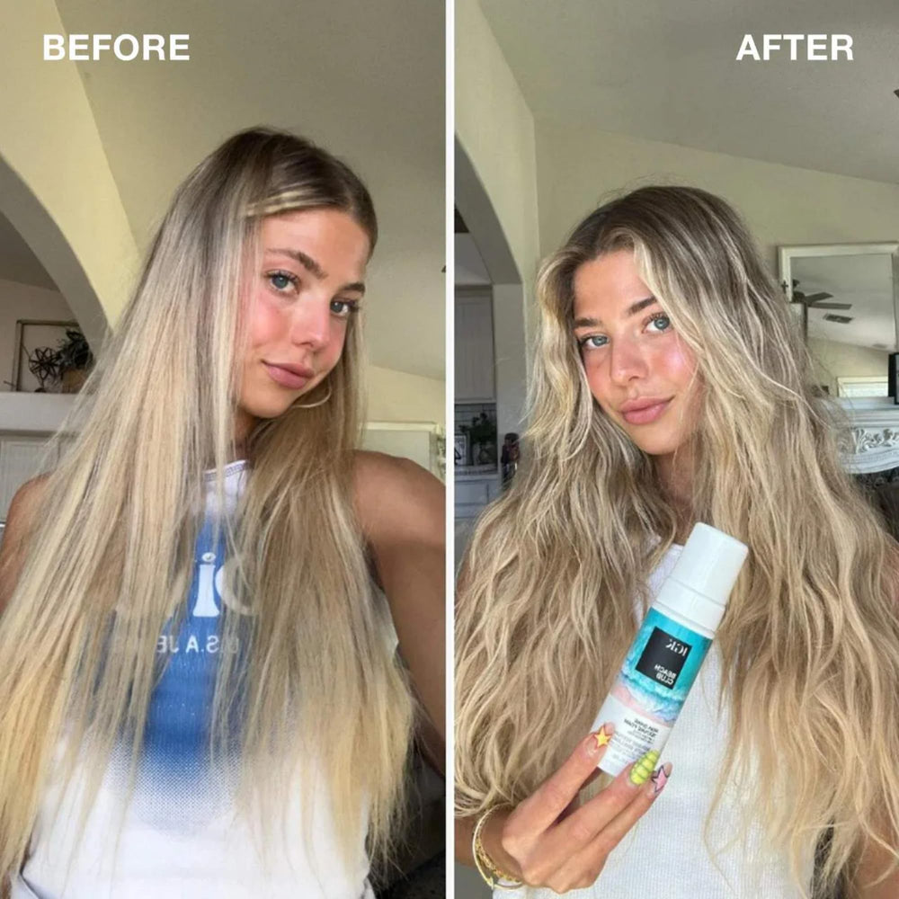 IGK Beach Club textured wavy hair close-up showing glossy, hydrated finish