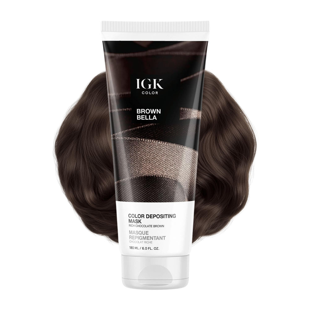 IGK Brown Bella front packaging showing product and glossy finish benefit