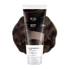 IGK Brown Bella front packaging showing product and glossy finish benefit