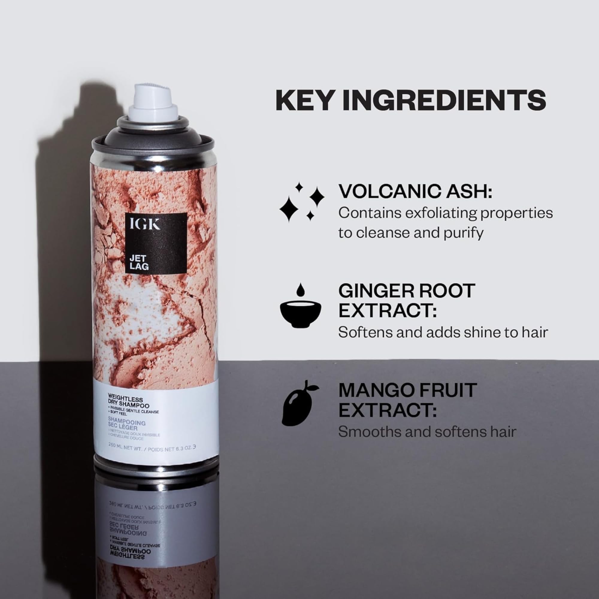 IGK ingredient display with volcanic ash ginger and mango delivering gentle cleanse