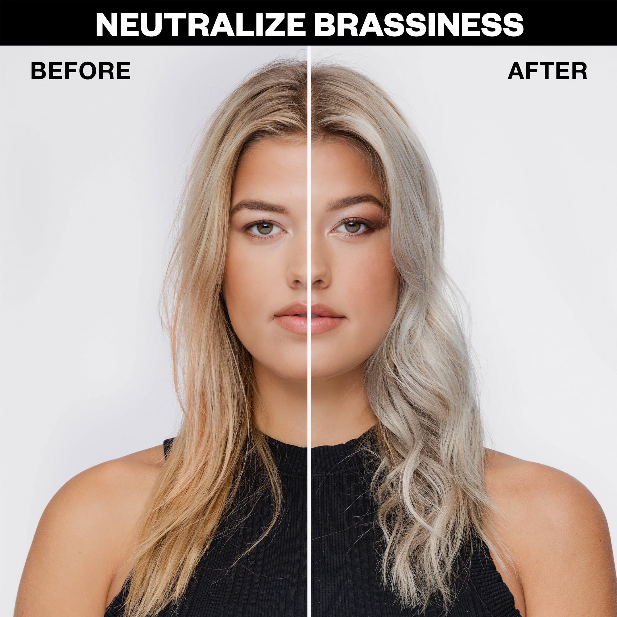 IGK before and after blonde hair strand illustrating brass reduction benefit