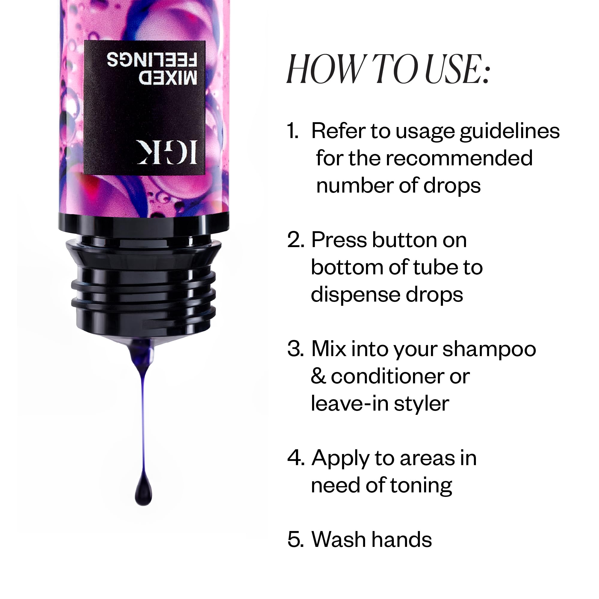 IGK purple drops in palm demonstrating controlled dosing and ease of use