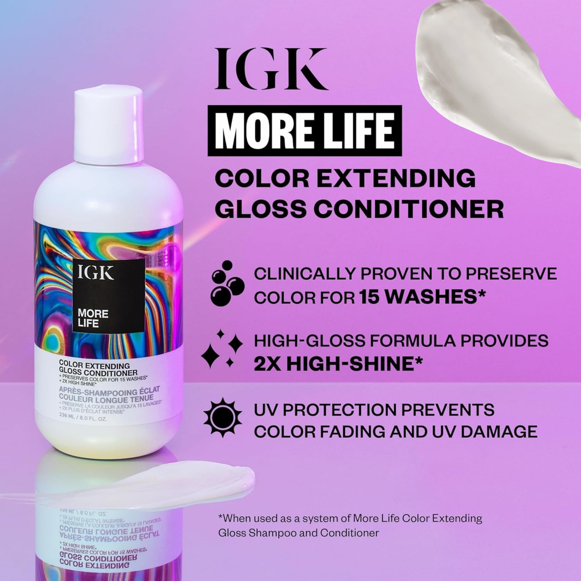 IGK bottle label ingredients view showing color-locking and UV protection