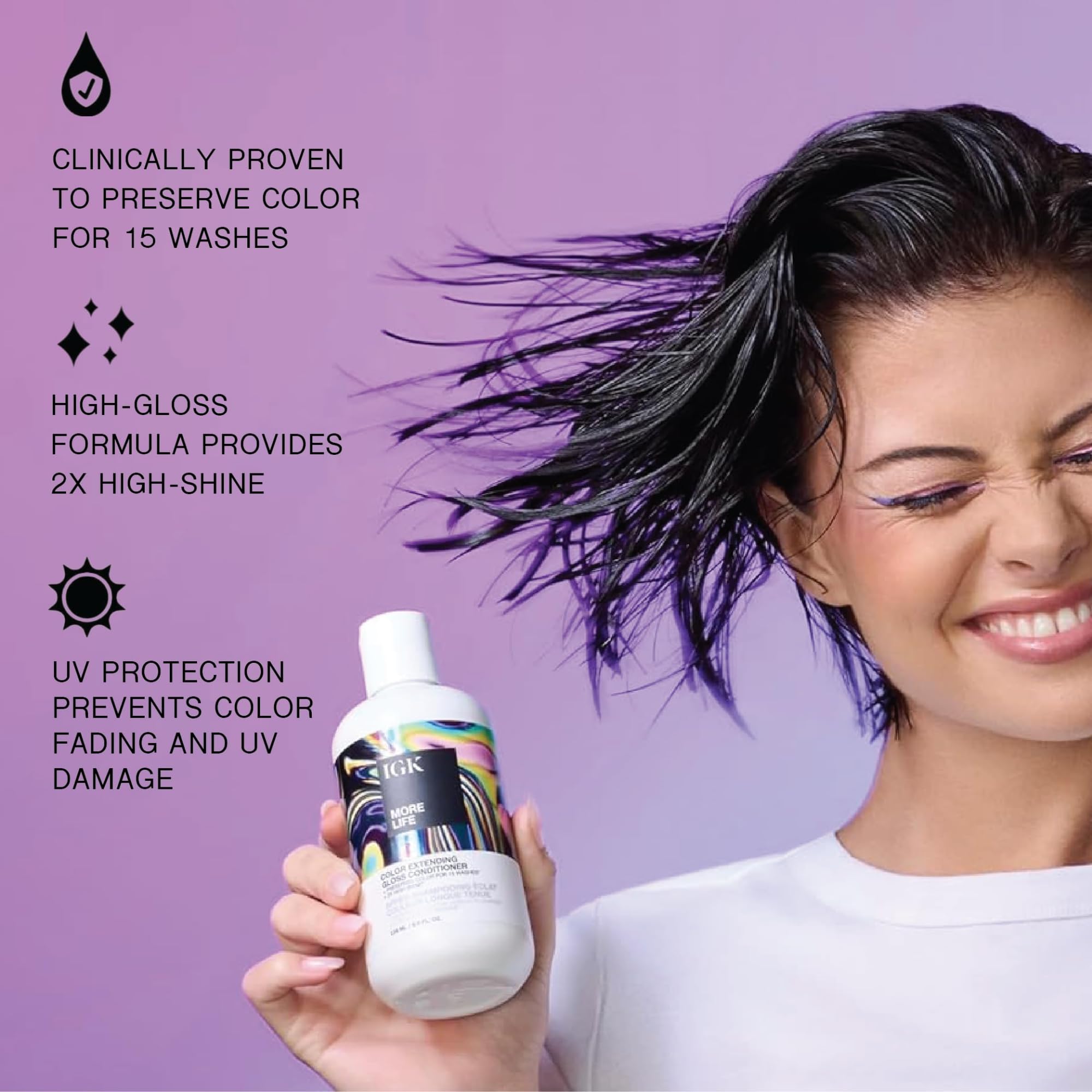 IGK salon-style lifestyle shot with glossy color-treated hair results