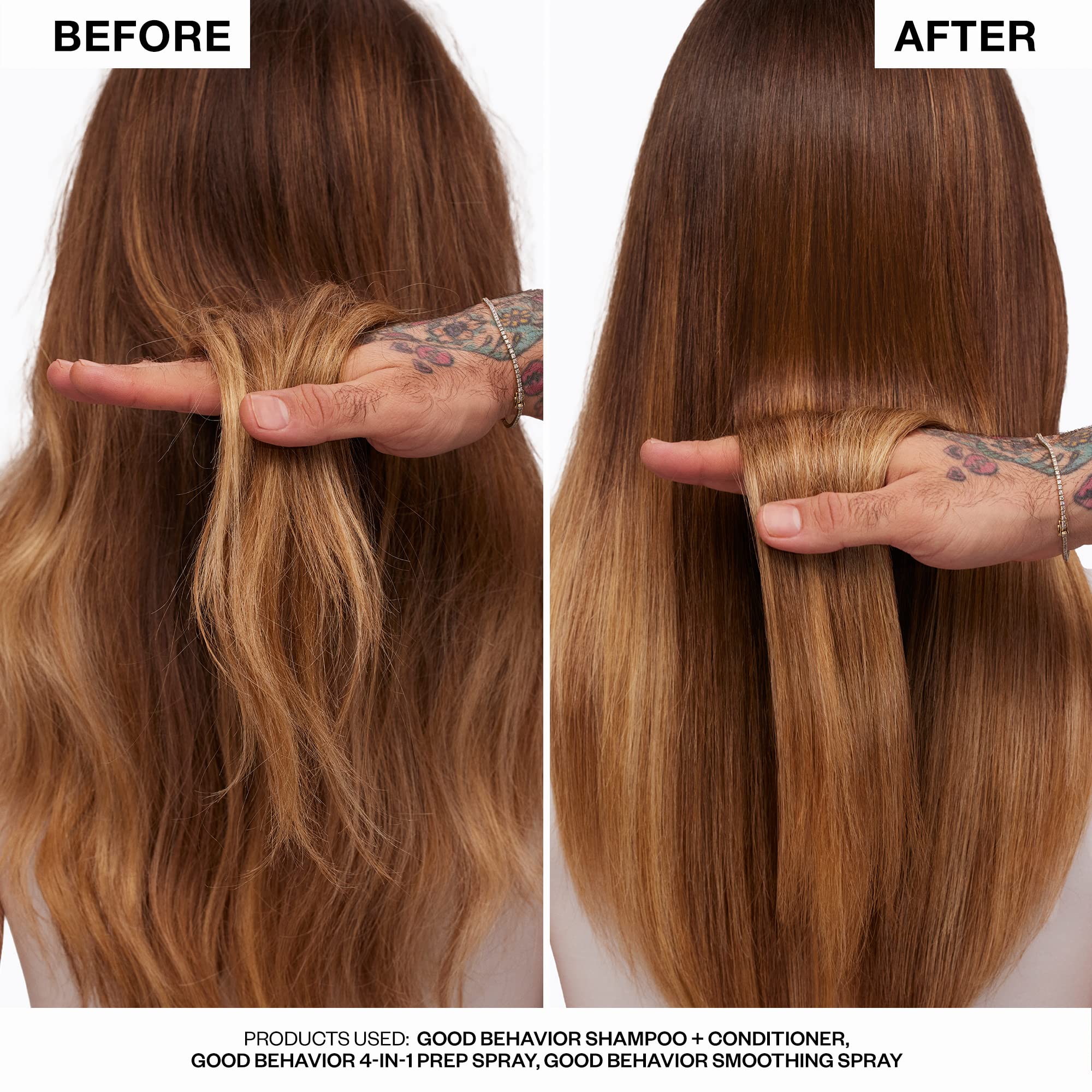Stylist using IGK before flatiron to protect and prep hair