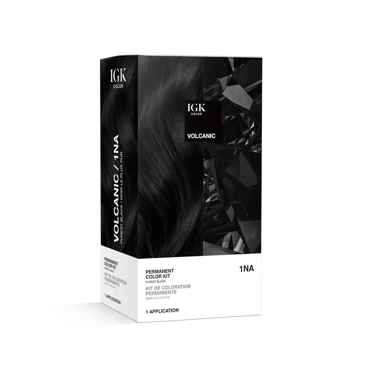 IGK Volcanic 1NA front packaging showing kit contents and benefit of salon-quality color