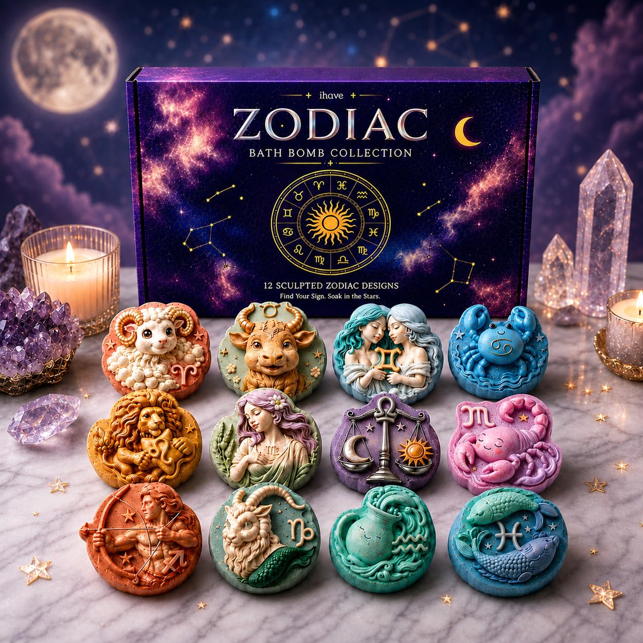 iHave overhead shot of all twelve zodiac bath bombs for variety