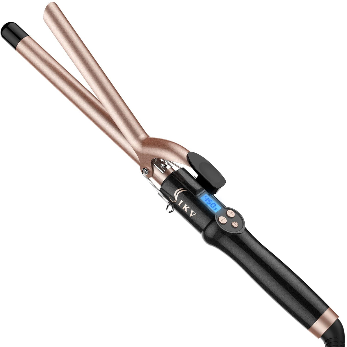 IKV curling iron front view showing full wand and controls for easy styling