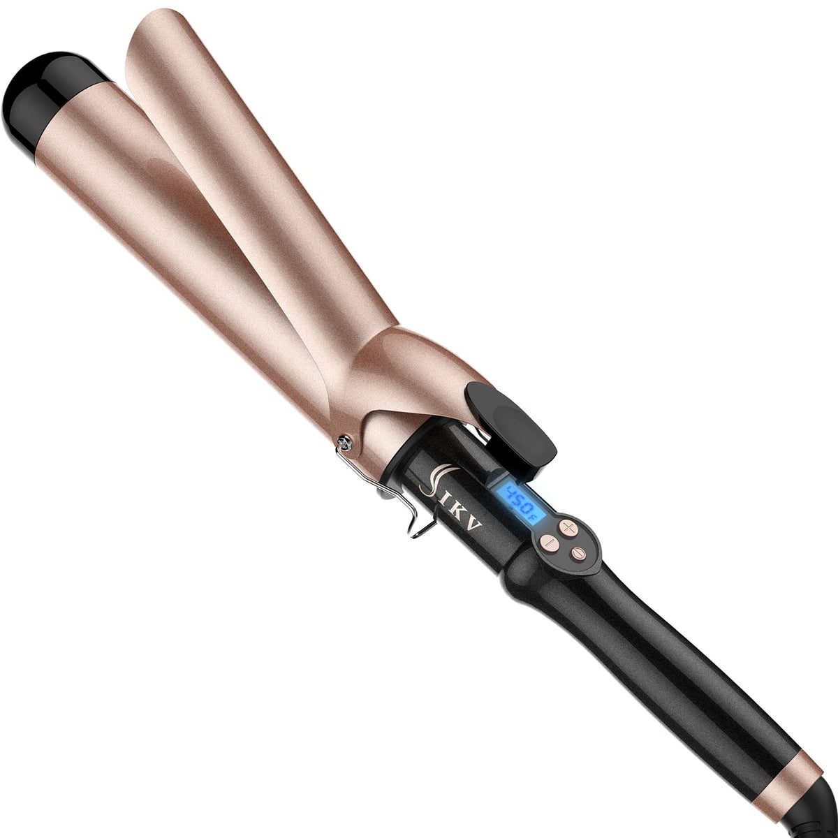 IKV large curling iron front view showing full design and ergonomic handle for easy styling