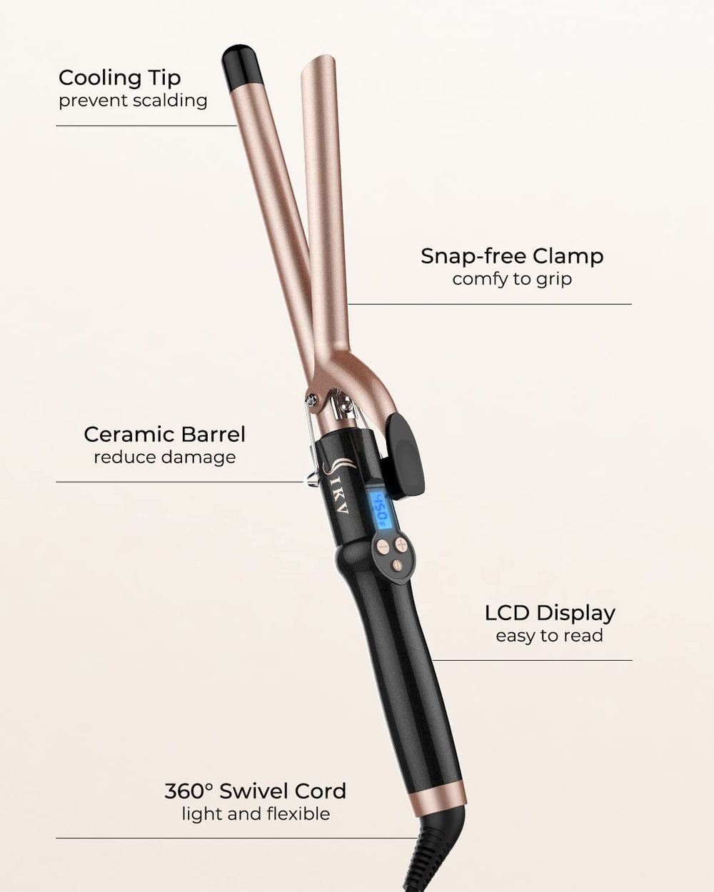 IKV curling iron held in hand to show long barrel size and styling coverage