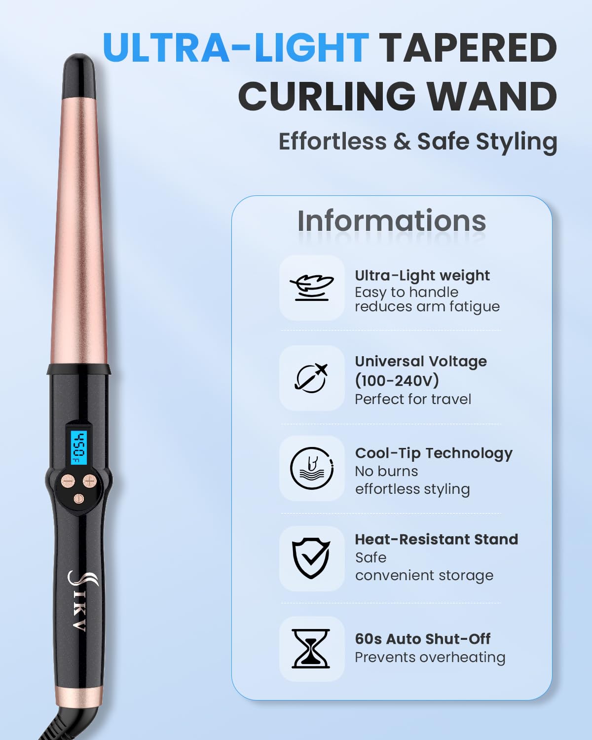 IKV curling wand with adapter in a travel bag emphasizing 100–240V global use