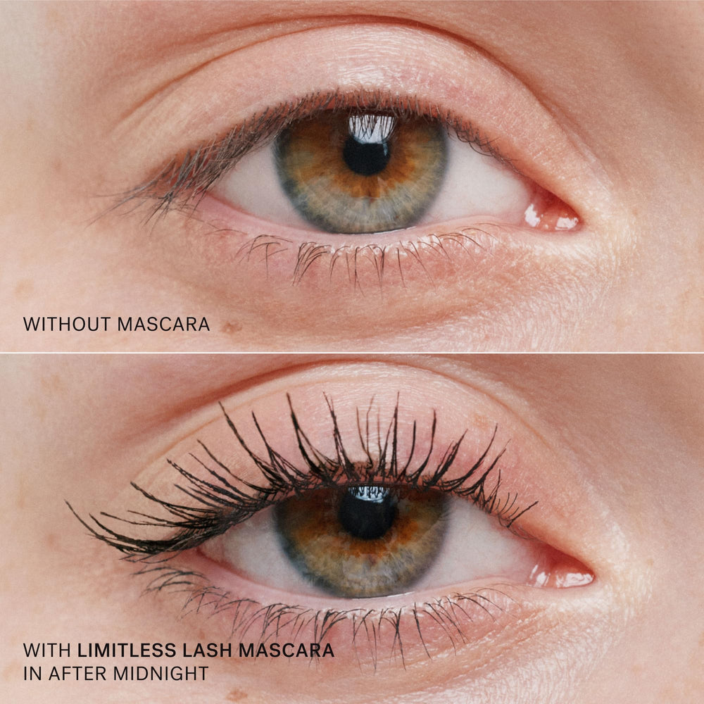 ILIA before-and-after lashes showing lift and length without flaking benefit
