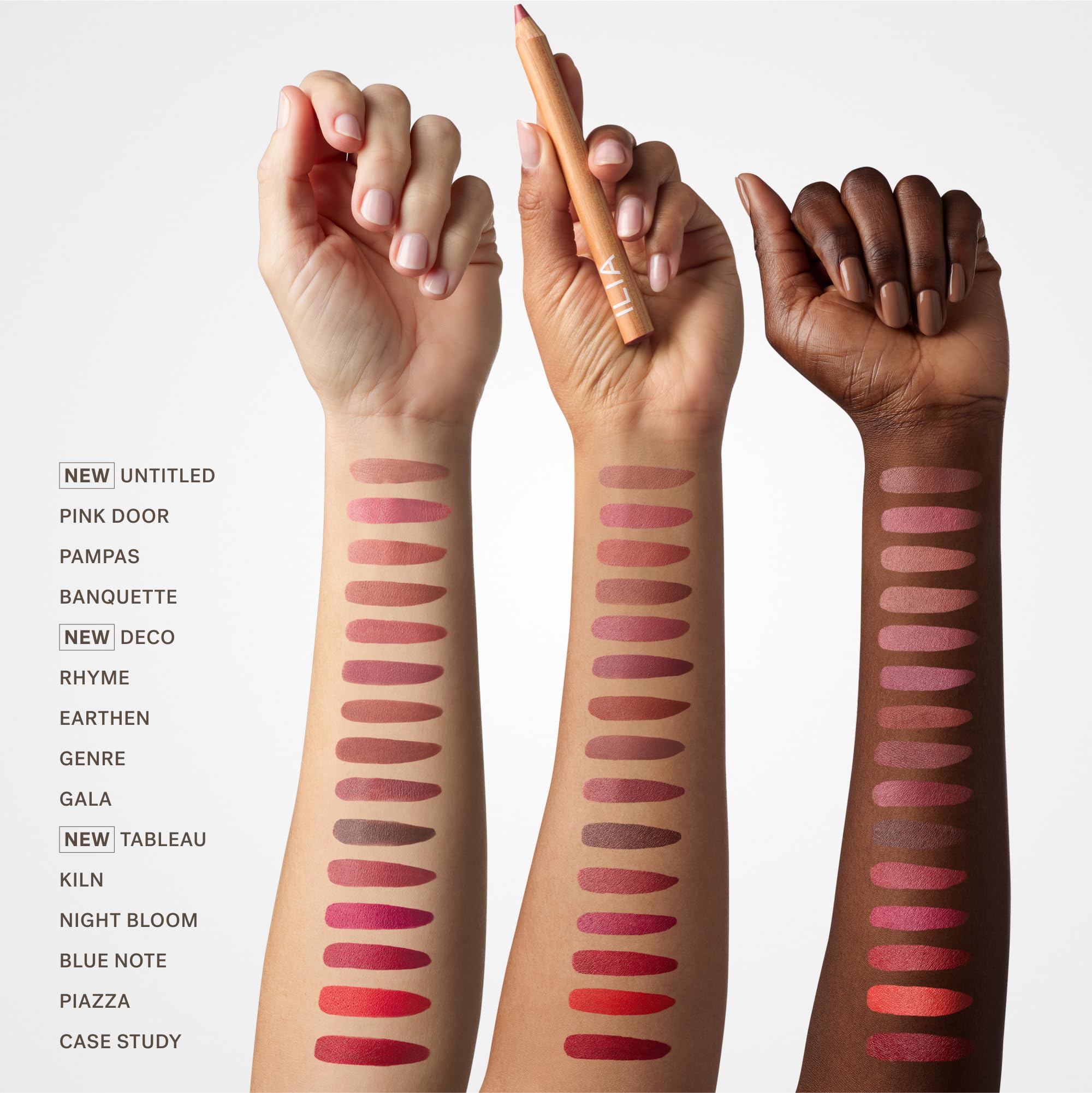 ILIA lip sketch packaging flatlay showcasing clean, minimal branding
