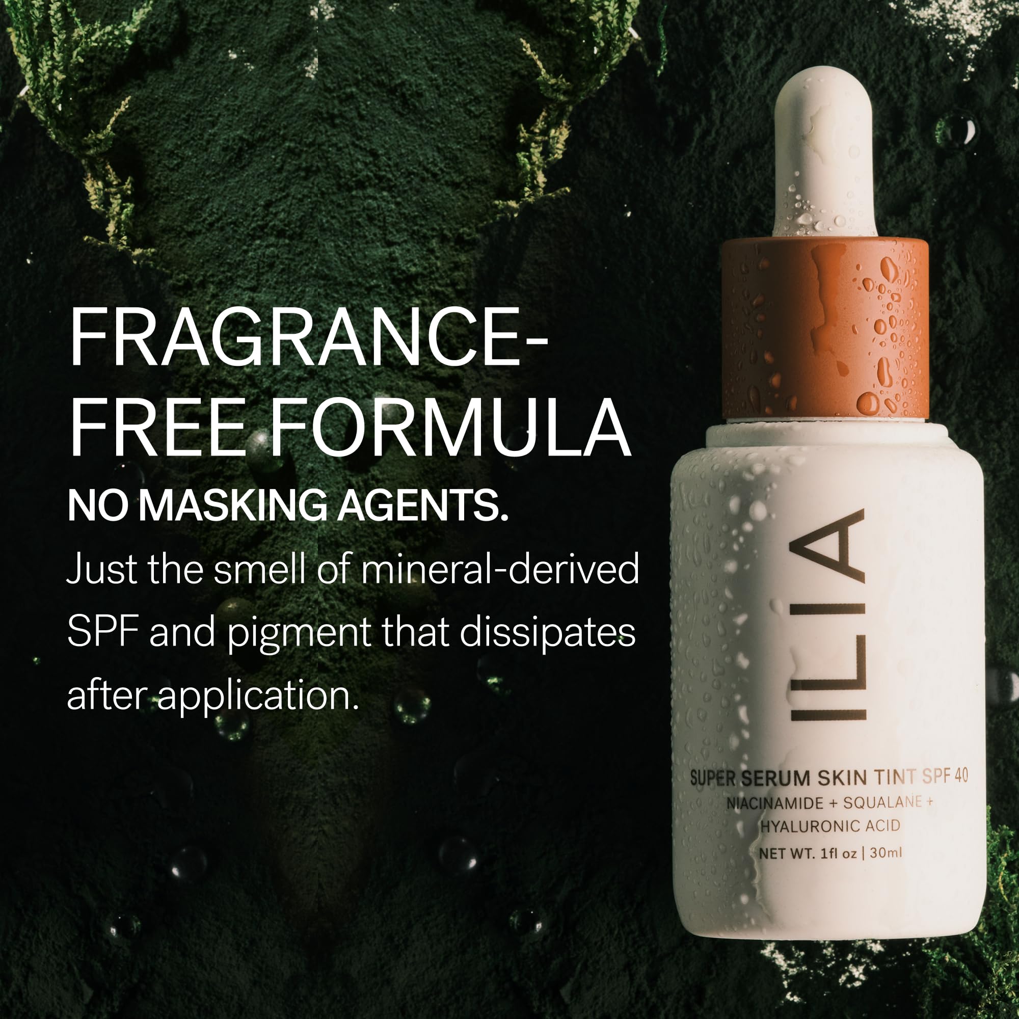 ILIA skin tint beside a 30 ml ruler to show compact, travel-friendly size
