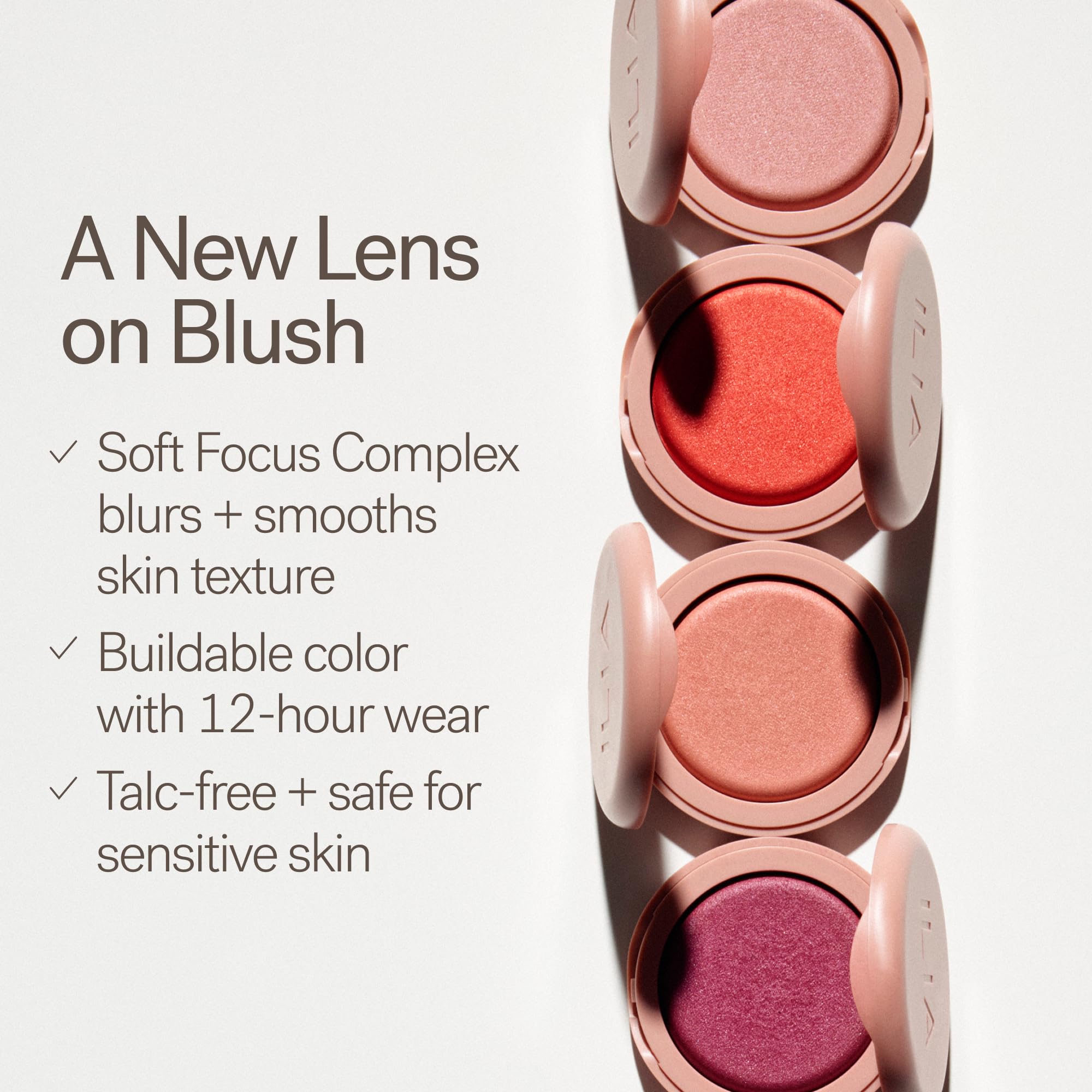 ILIA blush on a fluffy brush ready to apply for seamless diffusion