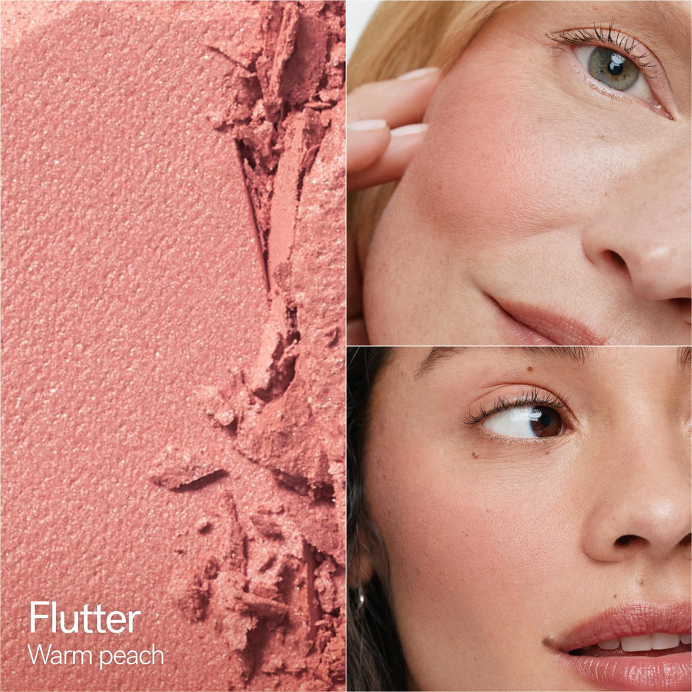 ILIA open pan of Flutter blush displaying warm peach pigment and finish