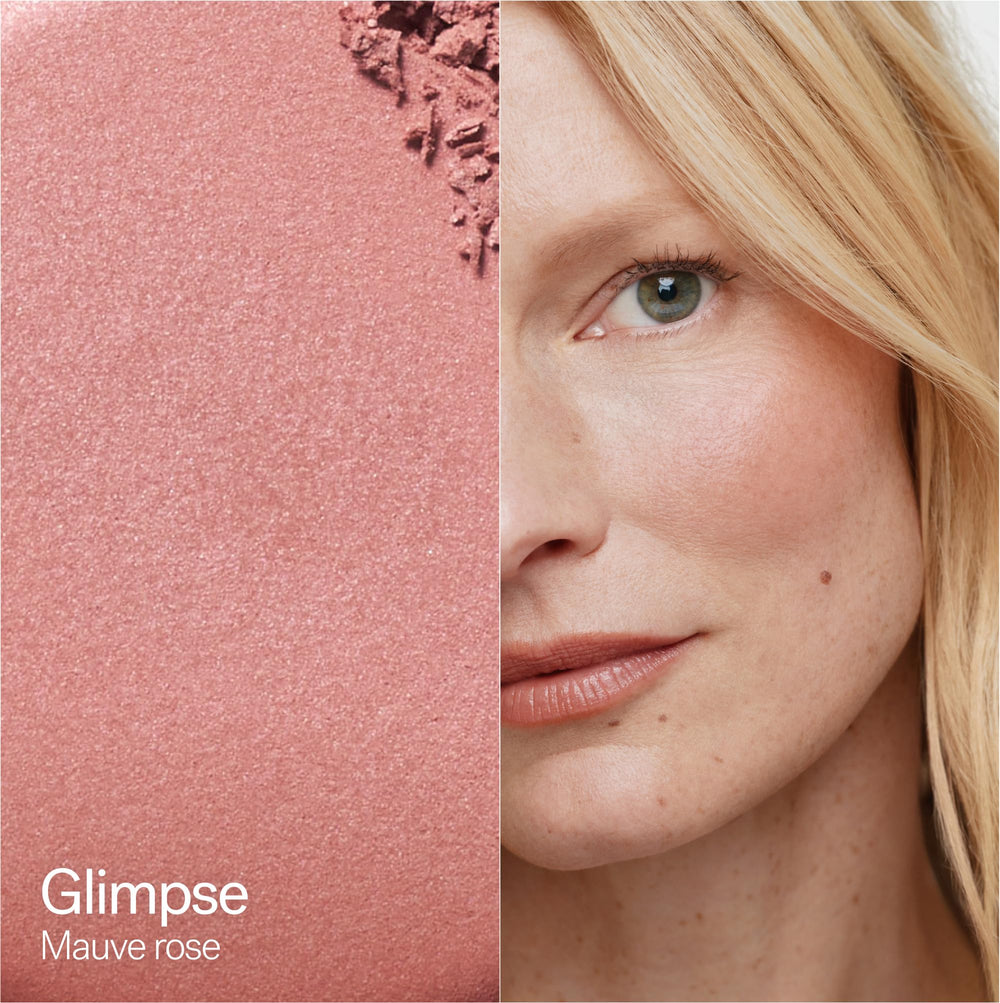ILIA powder swatch showing mauve rose Glimpse color and buildable payoff for natural flush