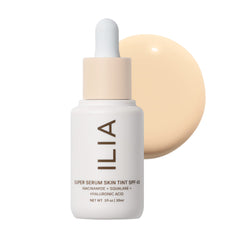 ILIA front bottle of Super Serum Skin Tint showing packaging and SPF benefit