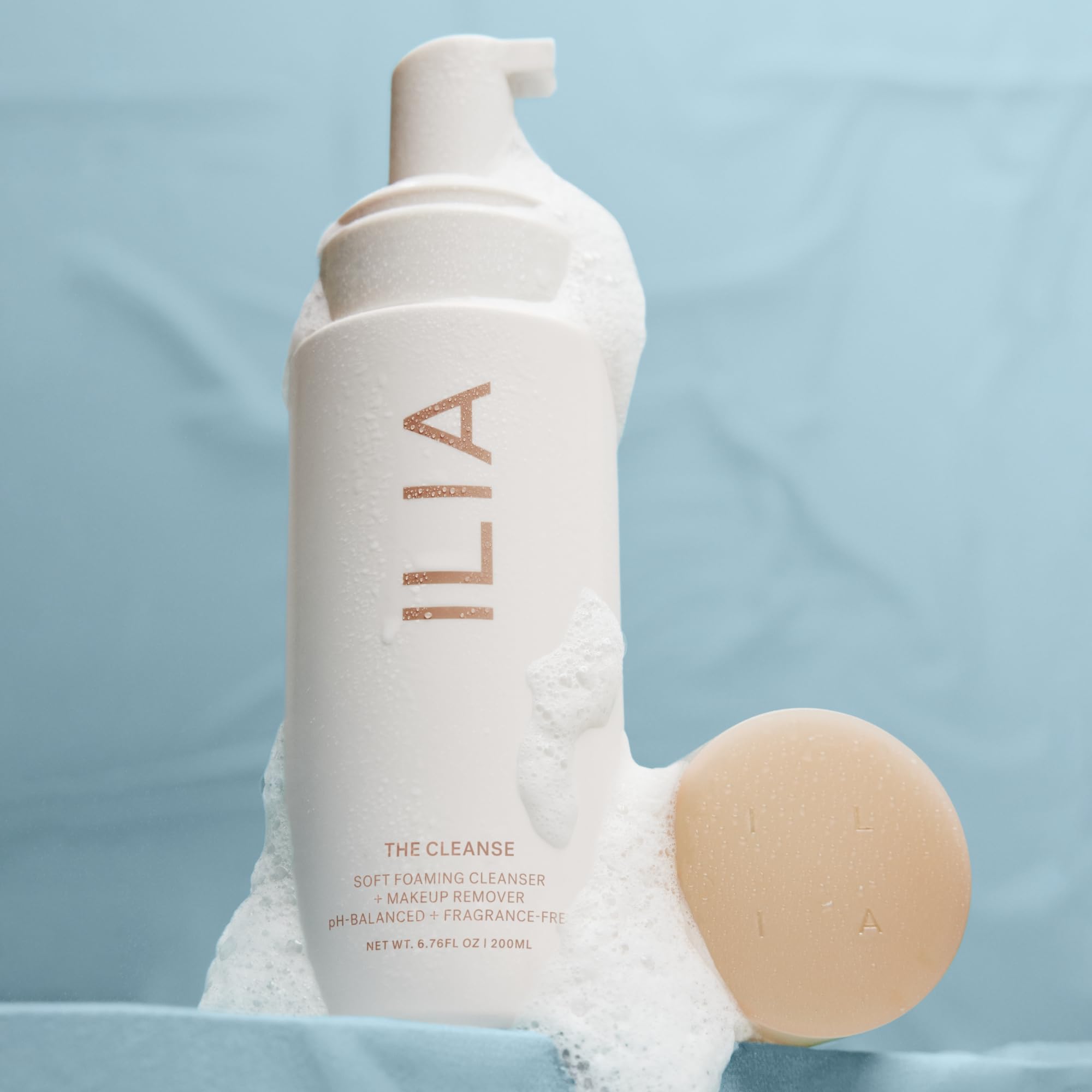 ILIA pump dispensing foam demonstrating easy use and controlled application benefit