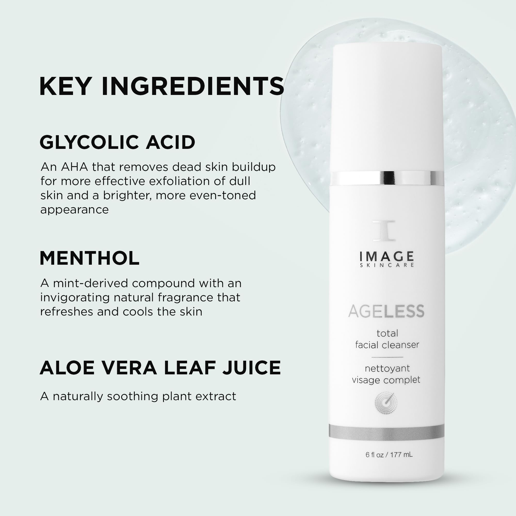 IMAGE Skincare ageless cleanser ingredient label detail, highlights glycolic acid and aloe benefits