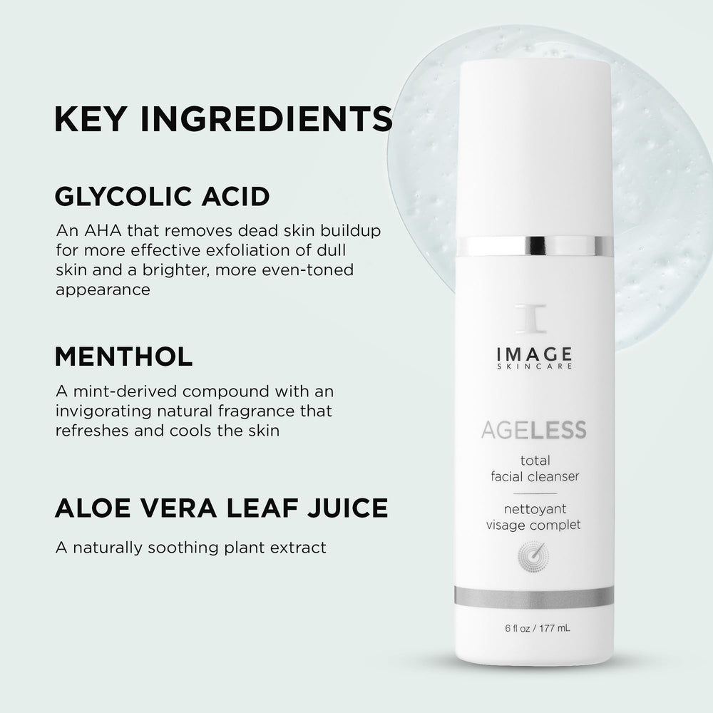 IMAGE Skincare ageless cleanser ingredient label detail, highlights glycolic acid and aloe benefits