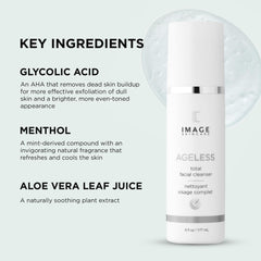 IMAGE Skincare ageless cleanser ingredient label detail, highlights glycolic acid and aloe benefits