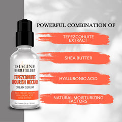 Imagine Dermatology bottle ingredients label highlighting Tepezcohuite and active benefits