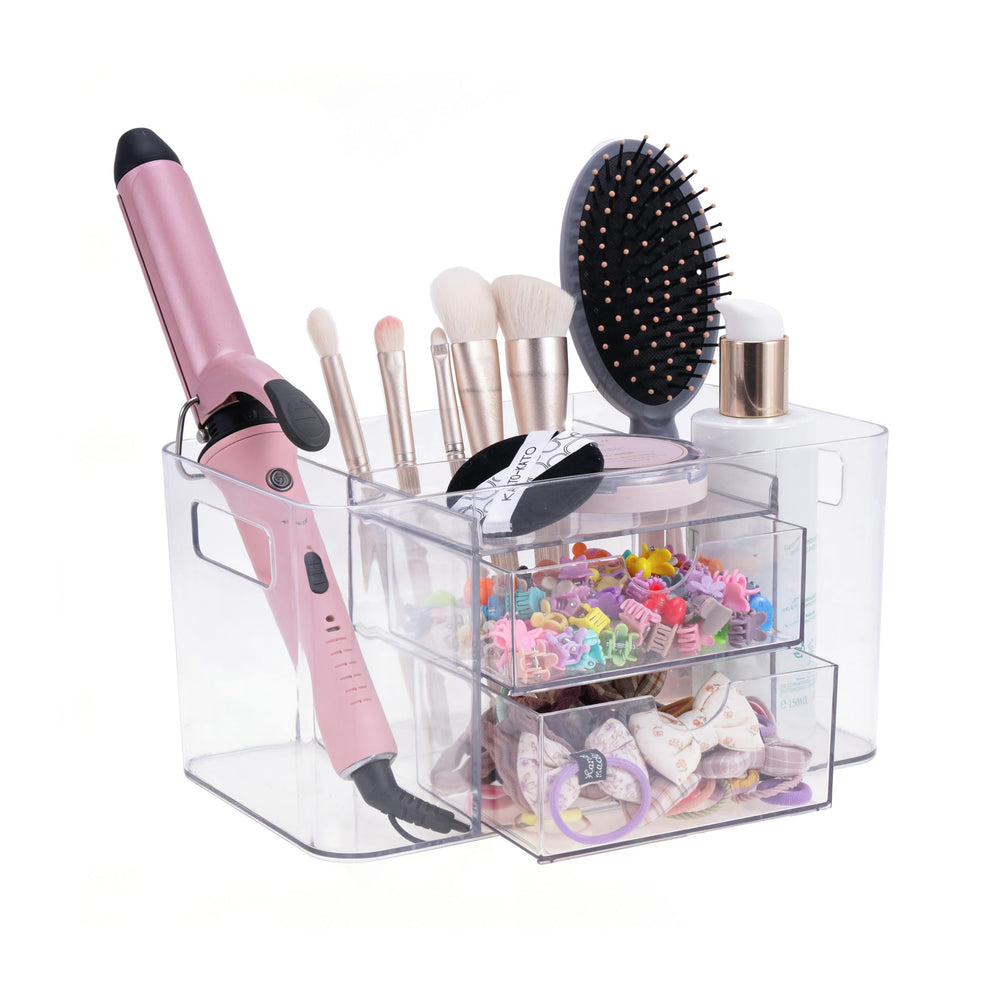 Imakmasion front view clear organizer showing tidy hair accessories and benefit of visible storage