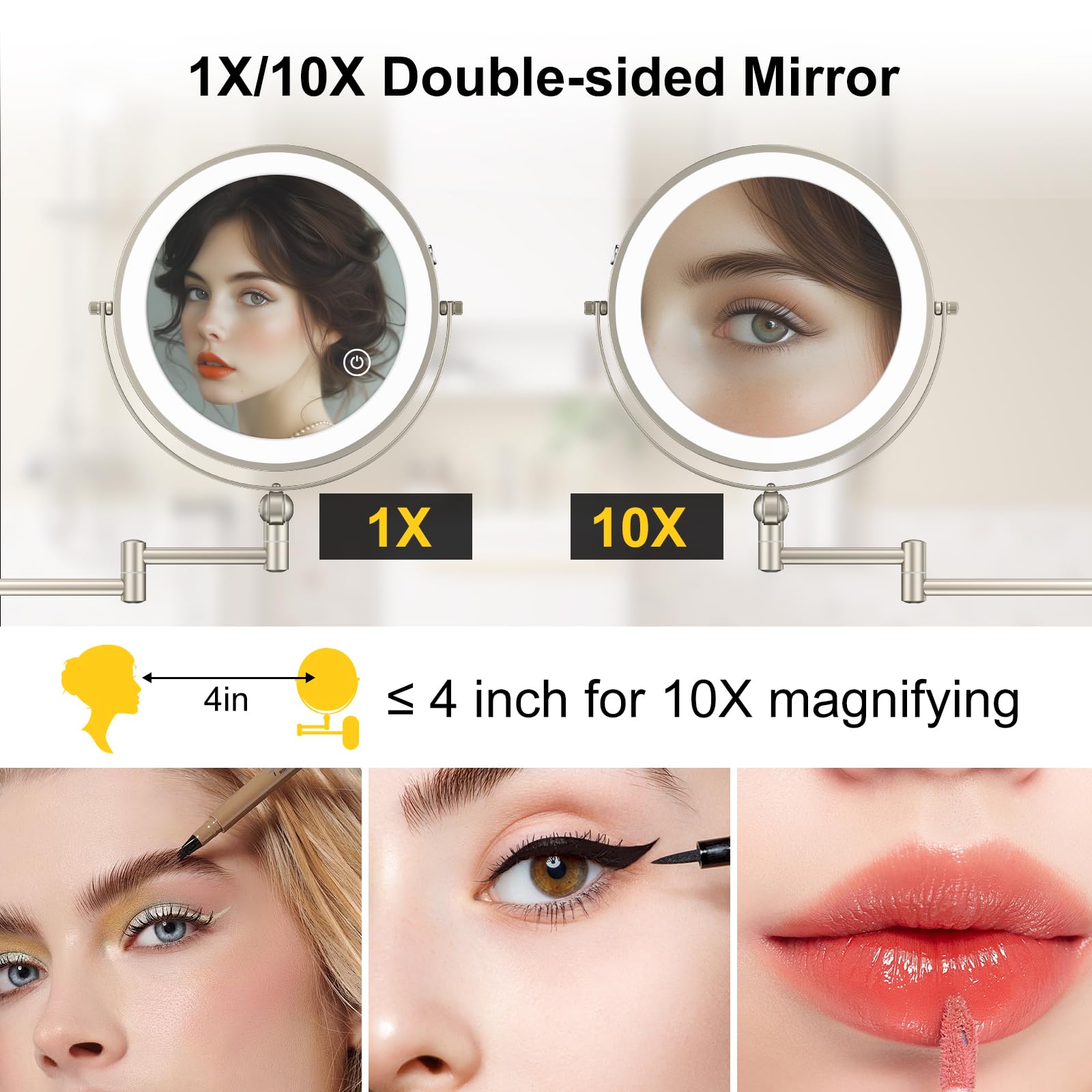 IMIKONA mirror lit in three colors demonstrating adjustable lighting for true-color makeup