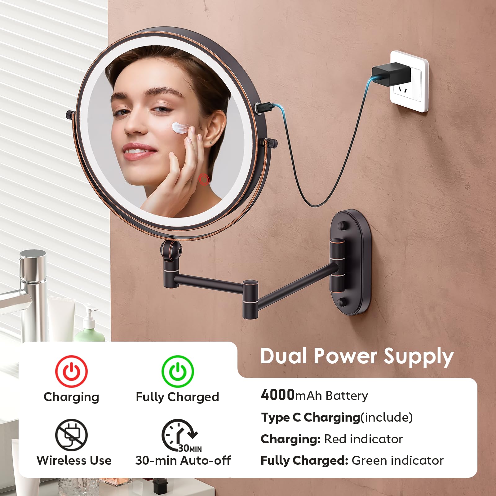 IMIKONA touch controls and three-color LEDs highlighting easy dimmable lighting for accurate makeup
